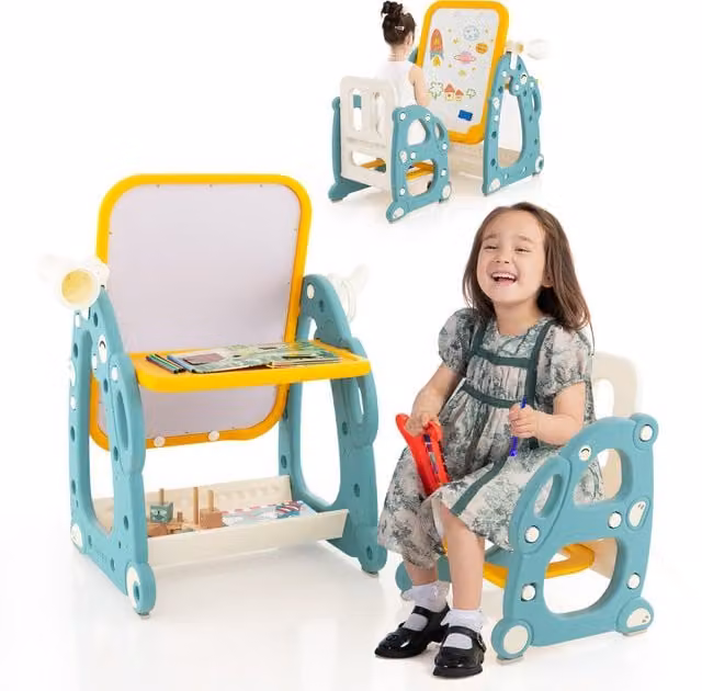 Costway Kids Art Easel Toddler Table and Chair Set in Blue