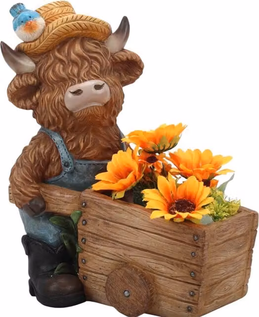 Ornate Collection Highland Cow Wheelbarrow Planter Tub in Blue, Black or Brown