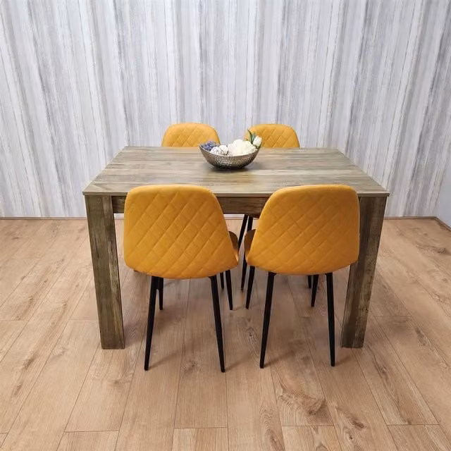 KOSY KOALA Rustic Brown Wooden Dining Table Set with 4 Mustard Yellow Geometric Pattern Faux Leather Chairs