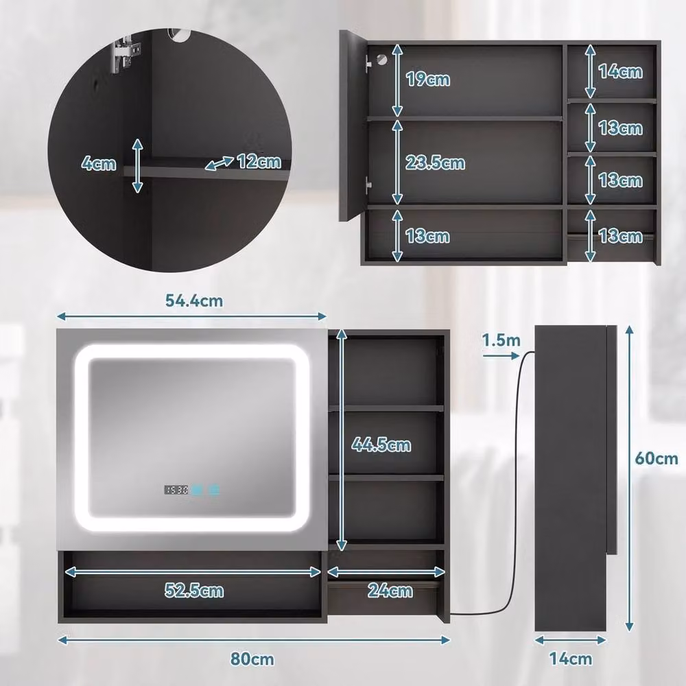 FORGEVIO Black Matt Wall Mounted Bathroom Mirror Cabinet with LED Lighting and Sensor Switch – 2