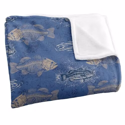 JQ Licensing Bass To The Bone Fishing Pattern Super Soft Silky Touch Throw Blanket in White and Blue, W/D/H: 152 x 127 cm – 2