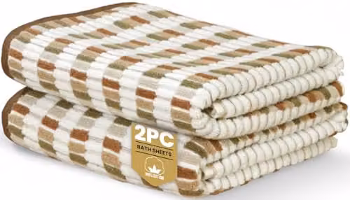 Rapport Home Santa Cruz Striped Cotton Bath Sheets 2 Pack, Beige/Sand/White, W: 90 cm, D: 140 cm, 500GSM – 1