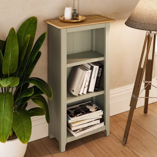 FWStyle 3 Tier Painted Bookcase with Natural Oak Top in Sage Green