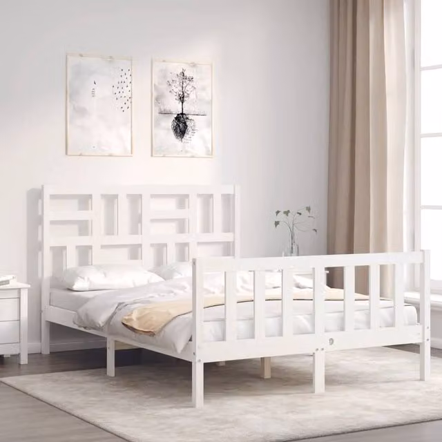 Berkfield Home Beautiful Bed Frame with Headboard in White Solid Pine Wood, W/D/H: 140 x 190 cm