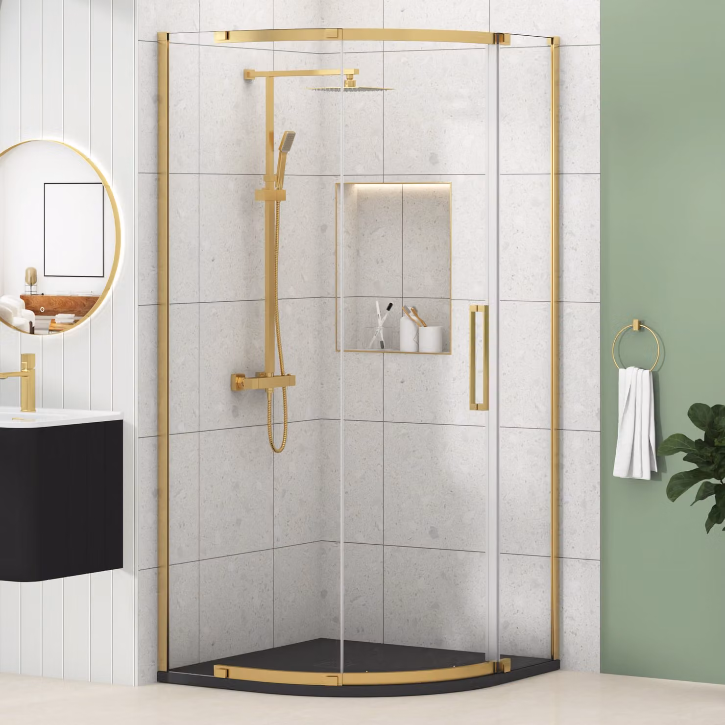 Royal Bathrooms Chelsea Single Door Quadrant Shower Enclosure with Black Mineral Cast Stone Tray, 8mm Easy Clean Glass, Gold