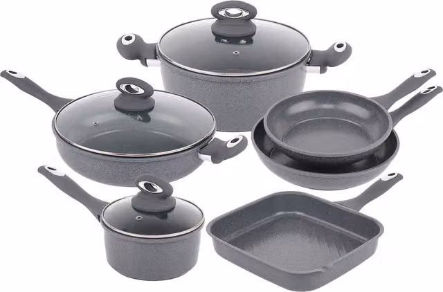 Gr8 Home 9 Piece Grey Marble Carbon Steel Non Stick Cookware Set with Lids