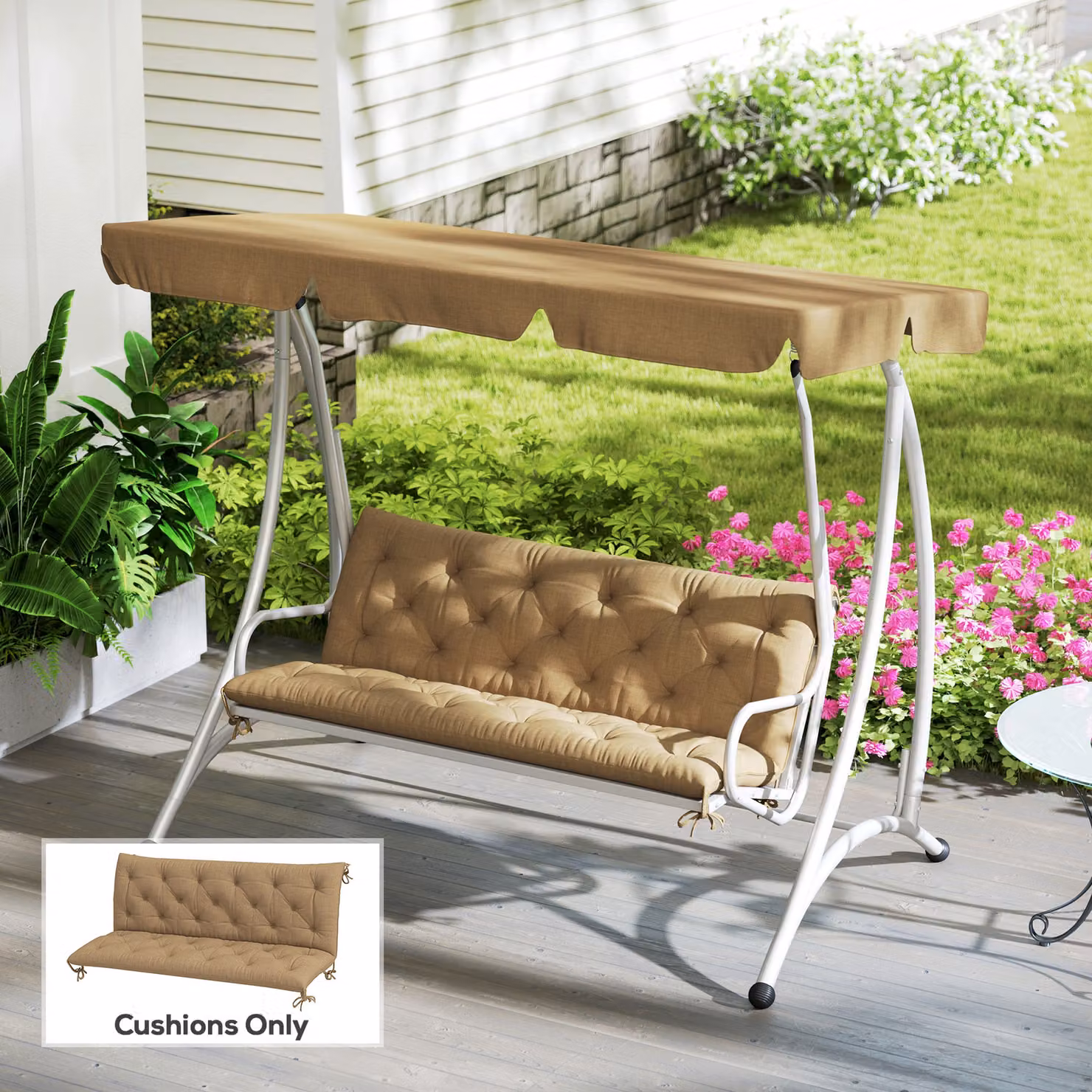 Outsunny Three-Seater Rectangular Bench Cushion in Beige Polyester with Water-Repellent Ties – 2