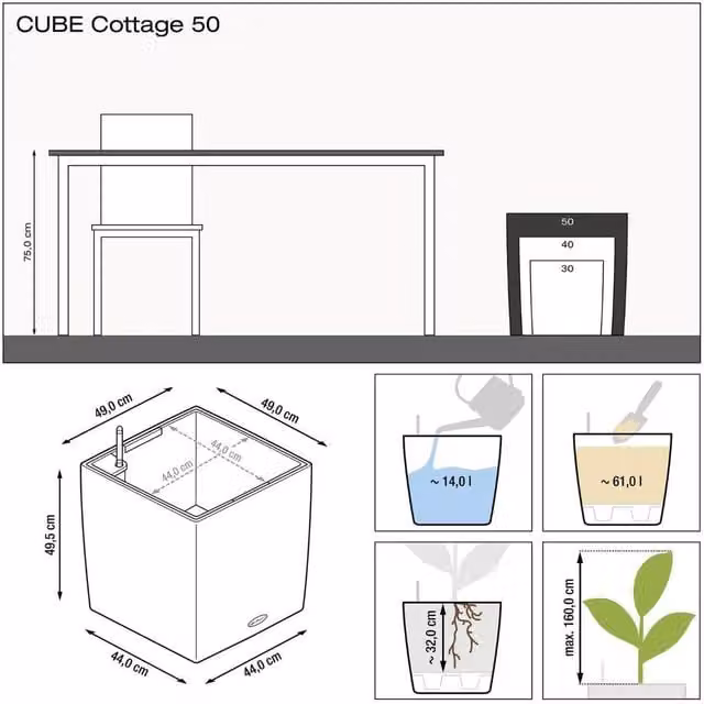 LECHUZA Cube Cottage Square Self-Watering Planter, Brown, W/D/H: 49 x 49 x 49.5 cm