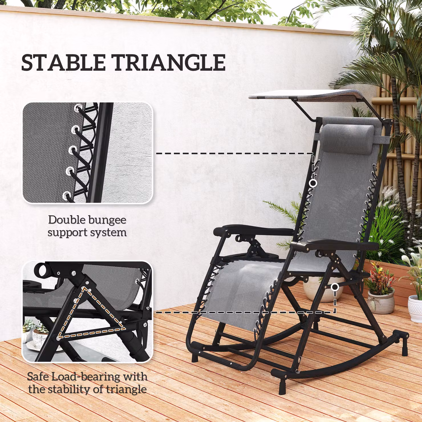 Outsunny Grey Garden Rocking Chair Folding Recliner with Adjustable Headrest and Side Holder – 5