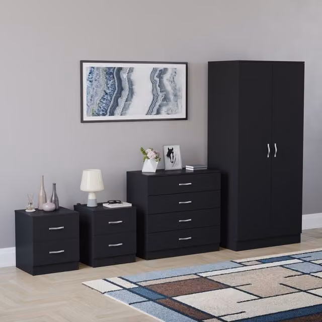 Vida Designs Riano 4 Piece Modern Black Bedroom Set including Wardrobe, Chest of Drawers and 2 Bedside Chests