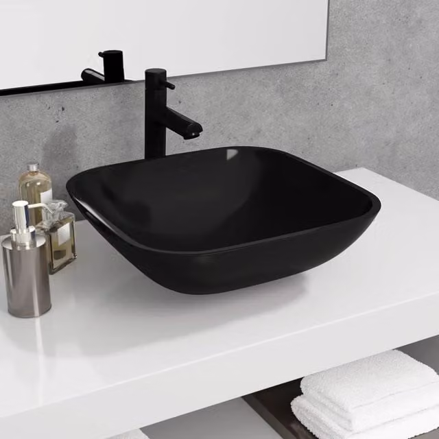 Berkfield Square Glass Countertop Basin in Black, W/D/H: 42 x 42 x 14 cm – 1