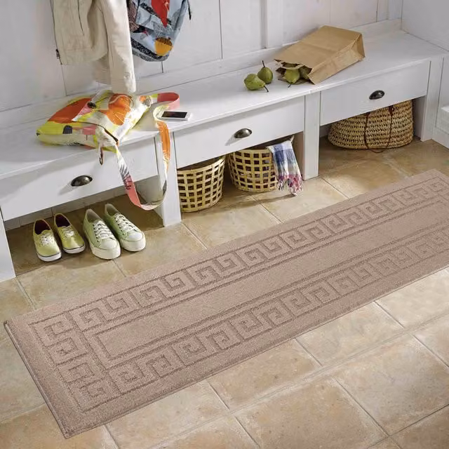 RugsbyDesire Ivy Greek Key Design Anti Slip Washable Runner, Beige, W: 60 cm, L: 220 cm