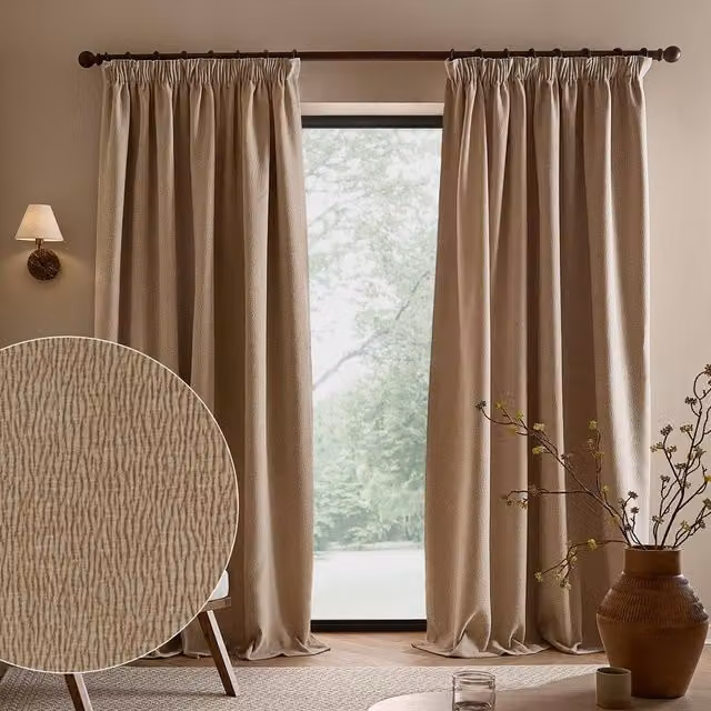 Yard Heath Washed Velvet Pencil Pleat Curtain Pair in Beige, Width: 168 cm, Drop: 229 cm