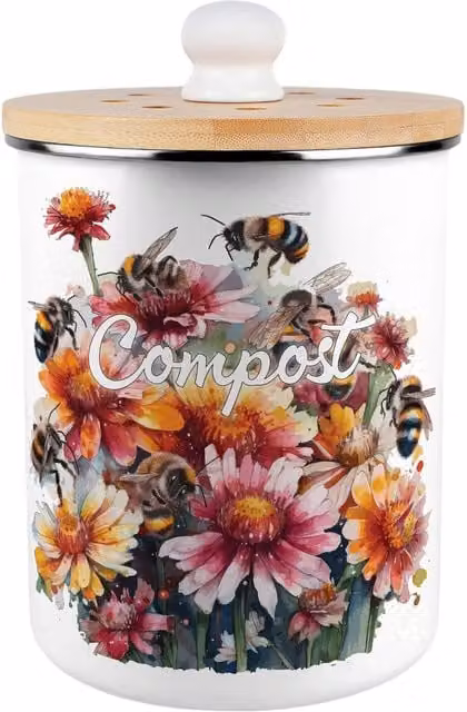 Purely Home Metal and Bamboo Compost Caddy with Flip Lid, 2L, Yellow and Multicolour