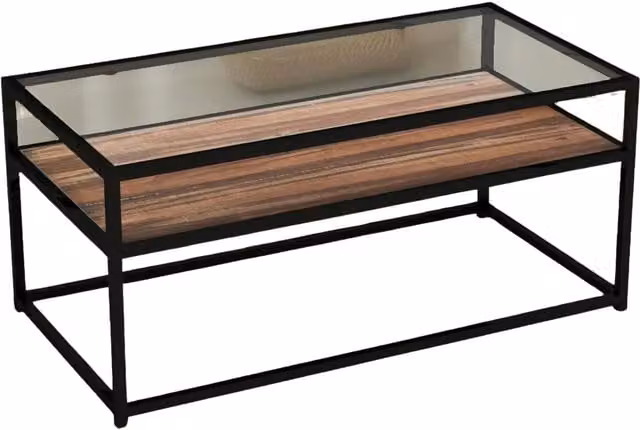 Pirlo Plush Rectangular Glass Top Coffee Table with Steel Frame in Dark Walnut and Transparent Glass