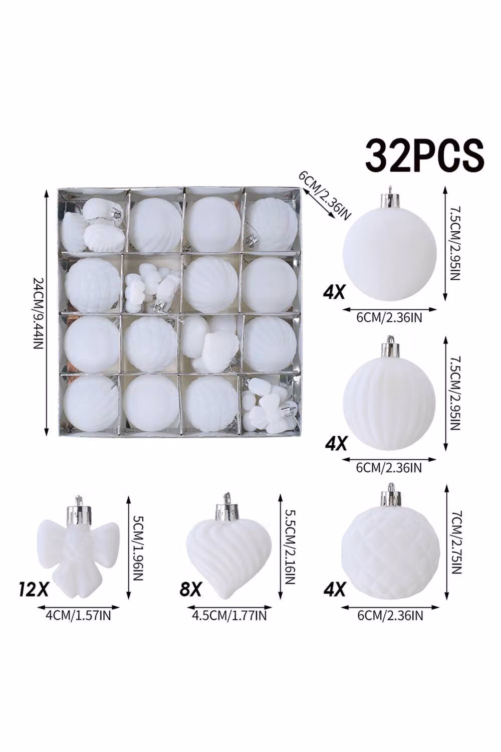 Living and Home 32-Piece White Christmas Ornament Set with Angels, Hearts and Baubles – 5