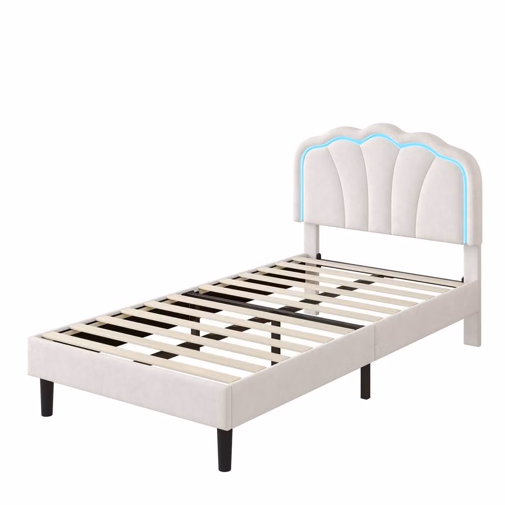 Matteo Single Upholstered Velvet Bed Frame with Adjustable LED Shell Headboard in Cream – 3