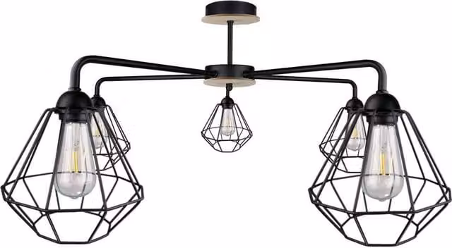 Netlighting Foskal Semi Flush Ceiling Light in Black and Wood, 70cm, 5x E27