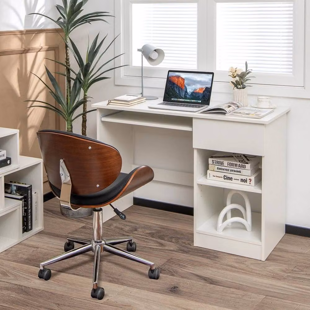 VOGREX Modern White Computer Desk with Keyboard Tray and Drawer – 2