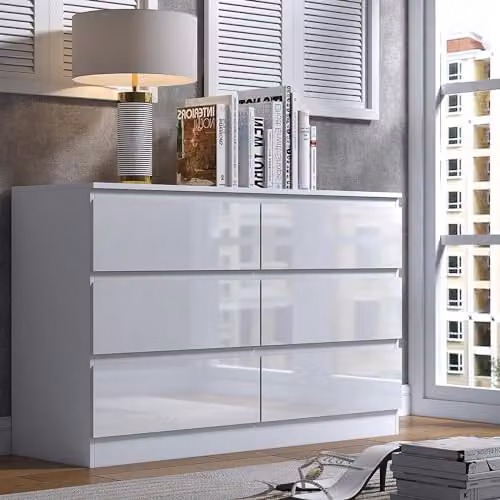 FWStyle Stora White Gloss 6 Drawer Chest H 77 x W 110 x D 40 cm – 2