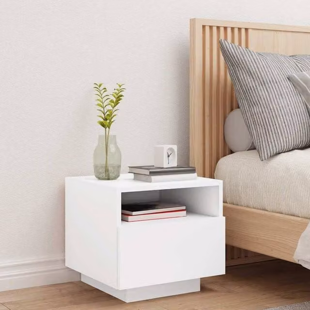 Berkfield Home Decorative Bedside Cabinet with Integrated LED Lights, White, W: 39 cm, D: 39 cm, H: 37 cm