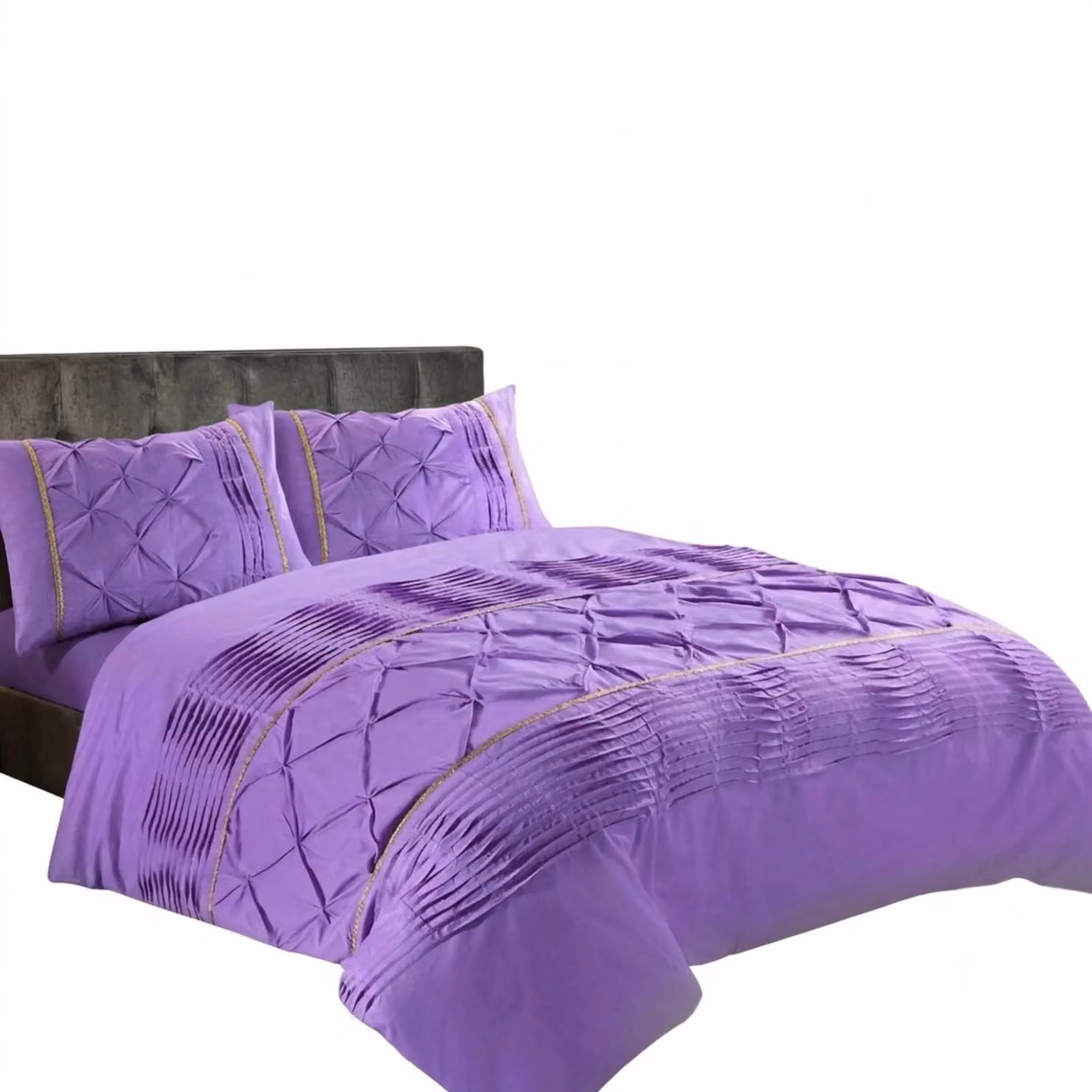 Snug City Modern Pintuck Border Pleated Duvet Cover and Pillowcase Set in Purple, Single, 90 x 200 cm – 2