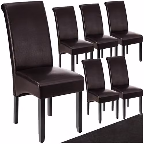 tectake Set of 6 Dining Chairs in Brown with Synthetic Leather and Wood Legs