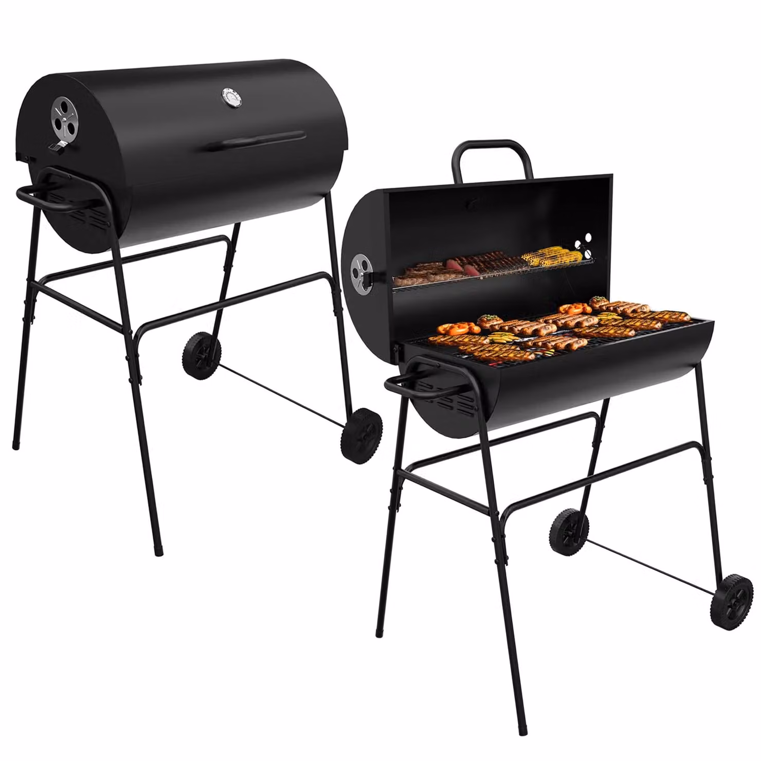 House of Home Black Enamelled Steel Barrel Charcoal BBQ Grill with Offset Smoker, Thermometer and Wheels, W/D/H: 102.5 x 70.5 x 65 cm – 9