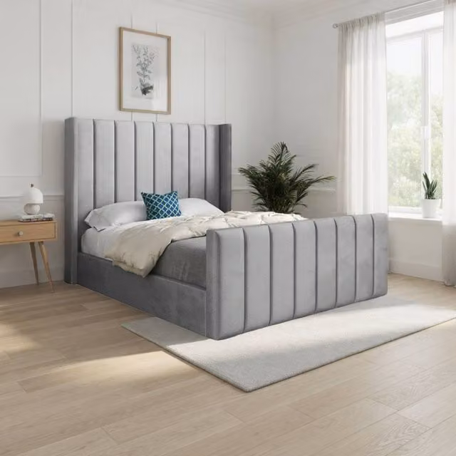 KDMD Sturminster Winged Upholstered Designer Bed Frame in Grey Soft Velvet, W/D/H: 90 x 200 cm – 1