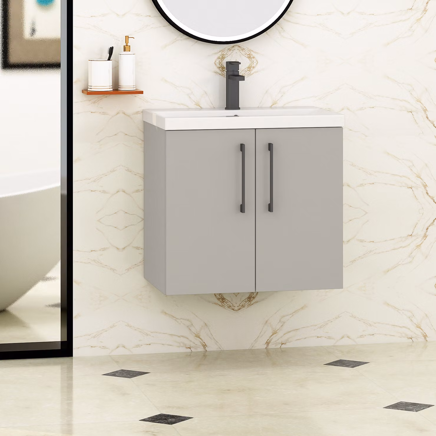 Royal Bathrooms Modena 800mm Wall Hung Vanity Unit in Satin Grey with Mid-Edge Basin and Black Handles