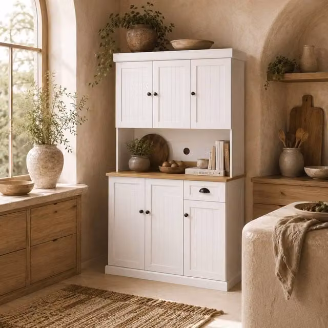 Wyld Haus Moviel White Kitchen Storage Tall Unit with Open Counter and Hinged Doors, H 180 cm x W 101 cm x D 39 cm