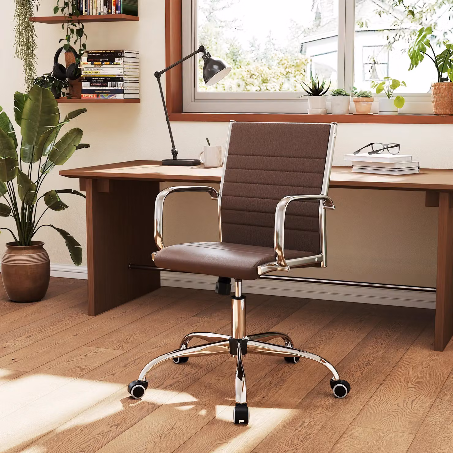 Costway Brown Synthetic Leather Swivel Office Chair with Armrests and Castors – 3