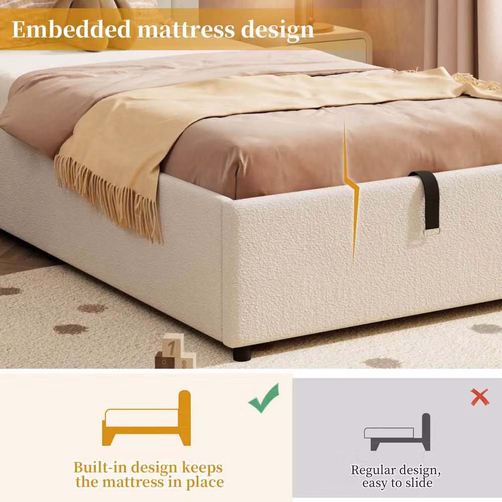 Matteo Beige Bouclé Upholstered Single Bed Frame with Hydraulic Storage – 2