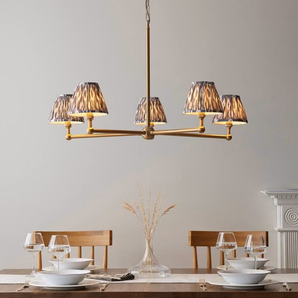 Netlighting Santiago Pendant Light with Grey Fabric Ikat Shade and Gold Brass Finish, 16 cm Diameter, 5x B22 – 2