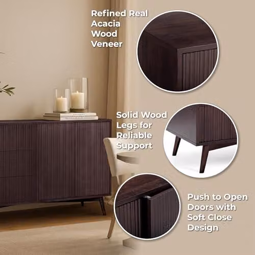 Teamson Home Modern Sideboard Cabinet in Espresso with Fluted Fronts, 3 Soft-Close Drawers and 2 Push-Open Doors, W/D/H: 139.7 x 45.72 x 81.28 cm – 3