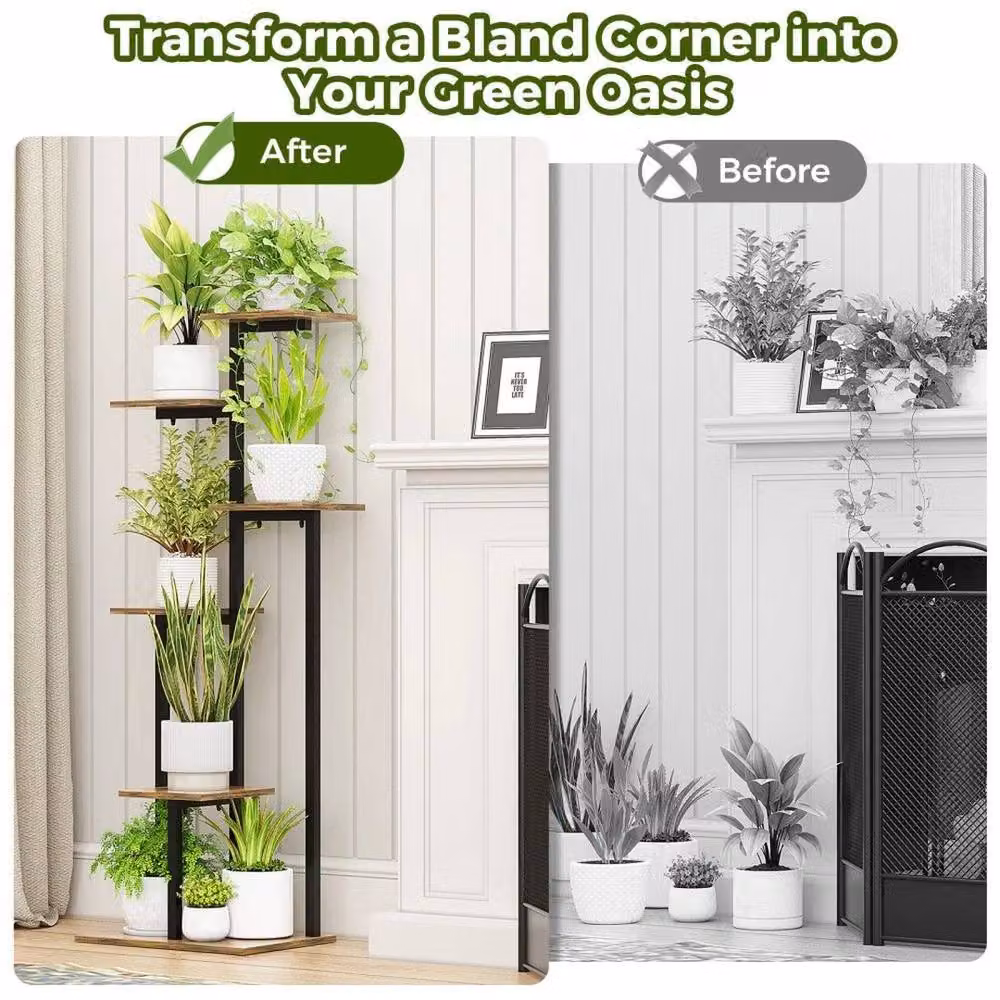 SPETLEK 6-Tier Metal and Wood Ladder Plant Stand in Matt Black, H 120 cm x W 40 cm – 5