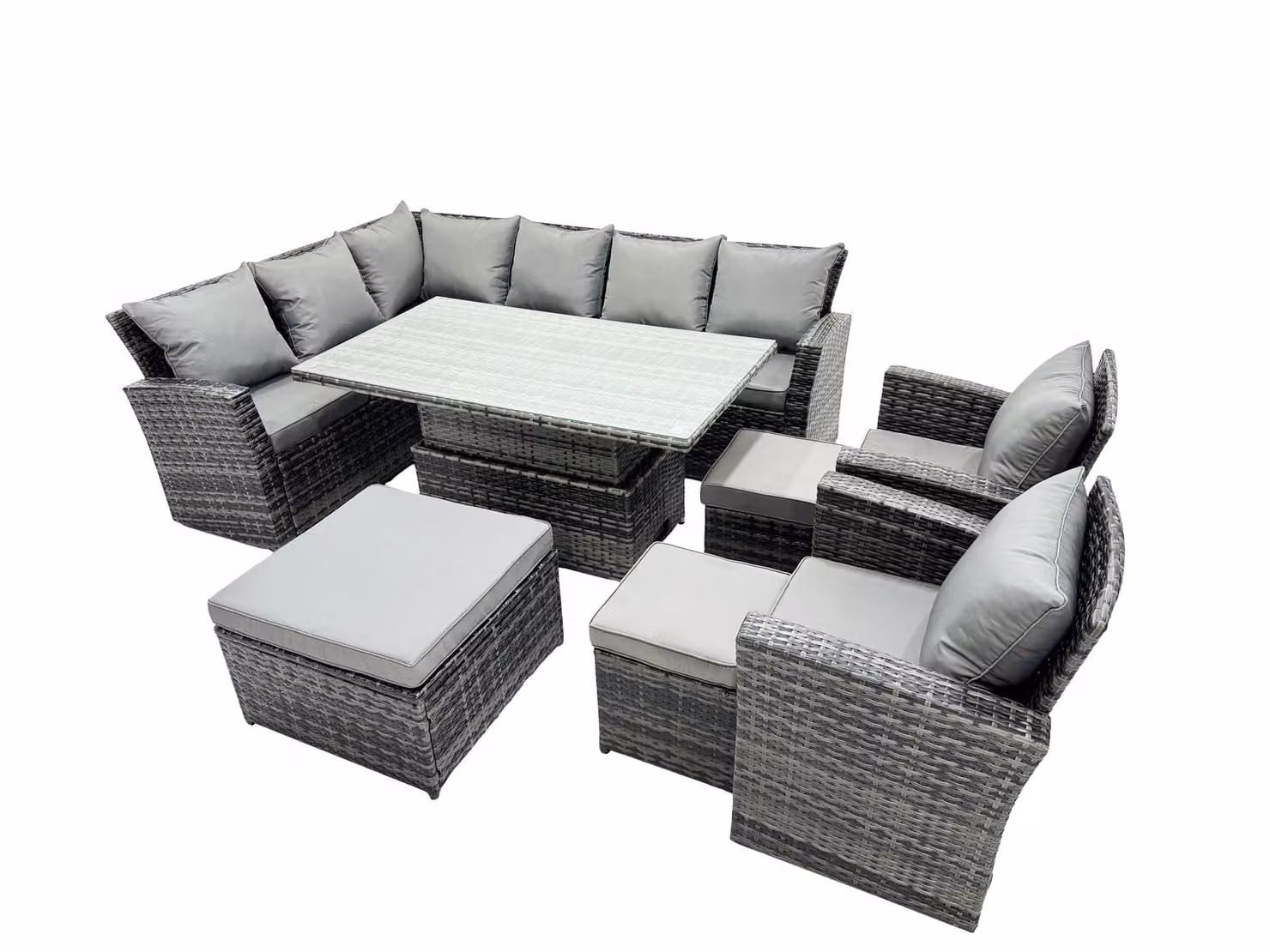 Fimous Poly Rattan Outdoor Patio Corner Sofa Set with 3 Stools and 2 Chairs in Dark Grey – 2