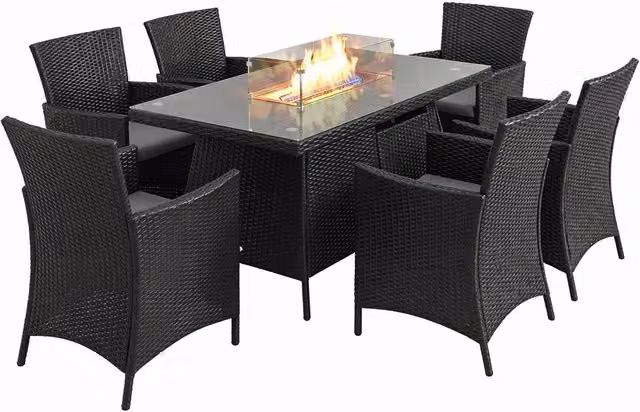 OUTSUNNY Black Polyrattan Dining Set with Fire Pit Table and Armchairs for 6-7 Adults
