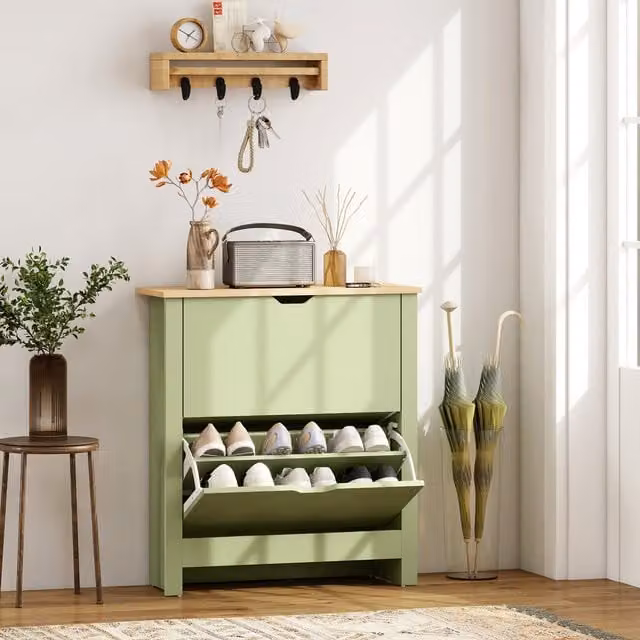 HOMCOM Modern Green Freestanding Shoe Storage Cabinet with 4 Shelves and 2 Internal Drawers