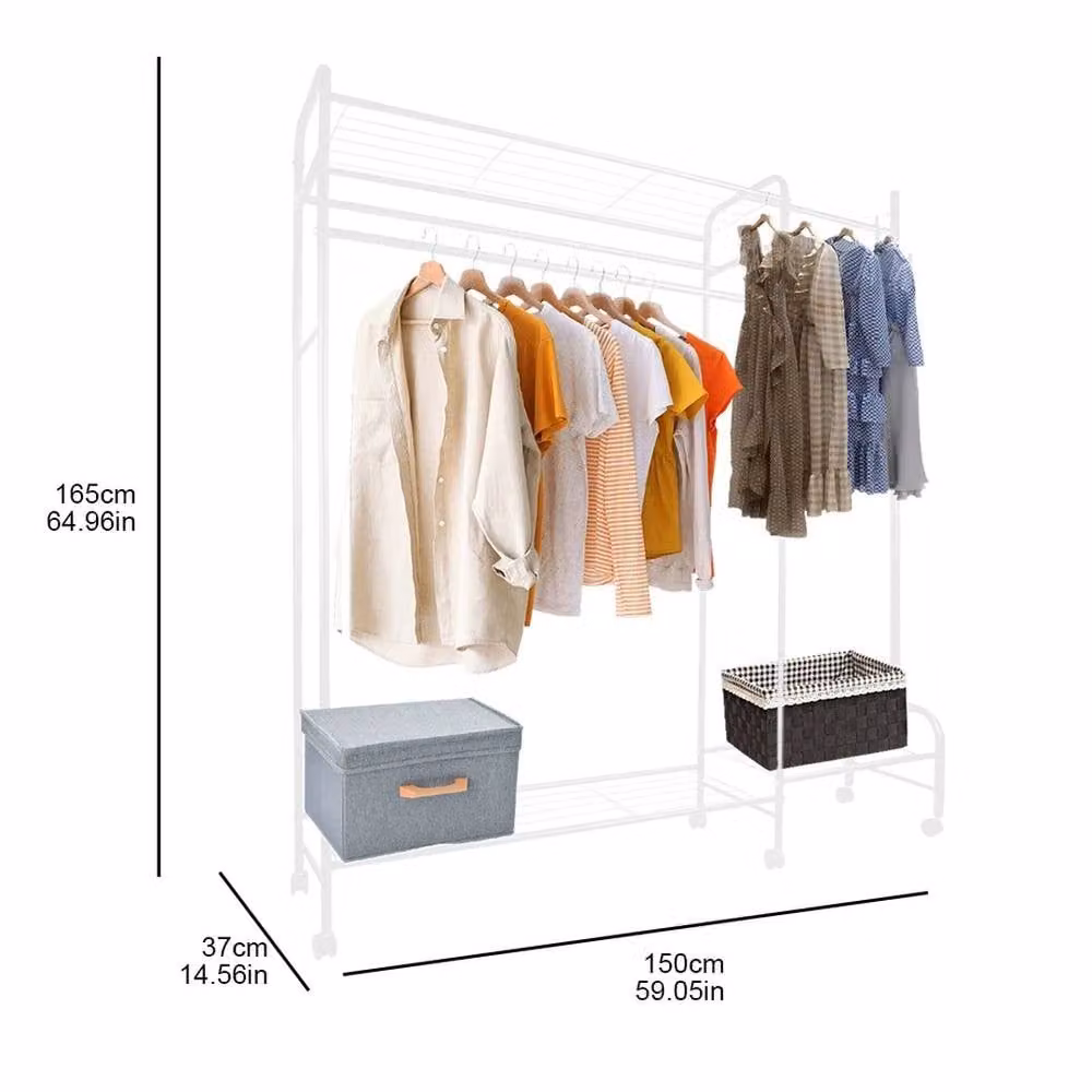 EONLION Heavy Duty Metal Double Rail Clothes Hanging Rack and Shelf Display Stand in Matt White – 2