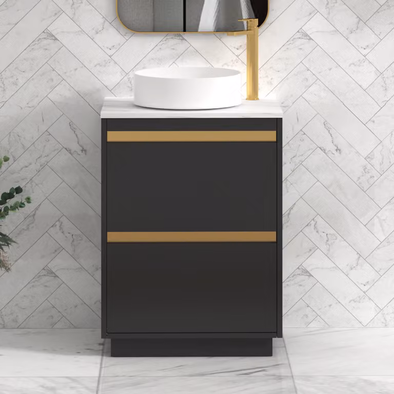 Royal Bathrooms Orion 600mm Matt Obsidian Black Floor Standing Countertop Vanity Unit with 2 Drawers, Art Basin and Brushed Brass Accent Trim