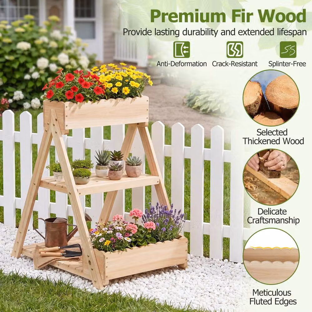 Costway 3-Tier Wooden Raised Garden Bed with 3 Planter Boxes in Natural Brown – 7