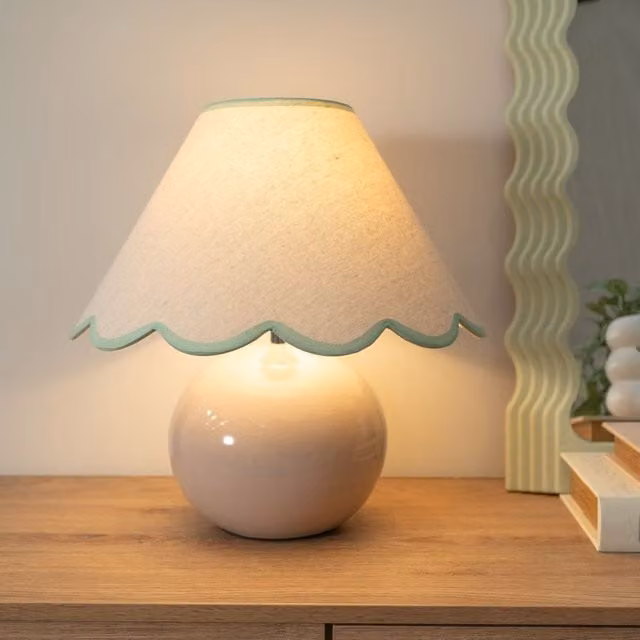 ValueLights Bosco Ceramic Sphere Table Lamp with Green Fabric Scalloped Shade