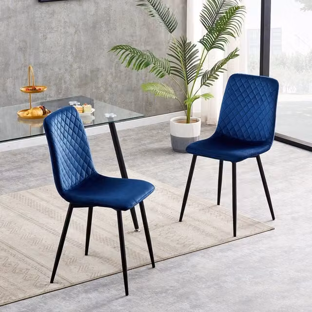 MCC Direct Lexi Set of 2 Modern Blue Velvet Fabric Dining Chairs with Metal Upholstered Frame
