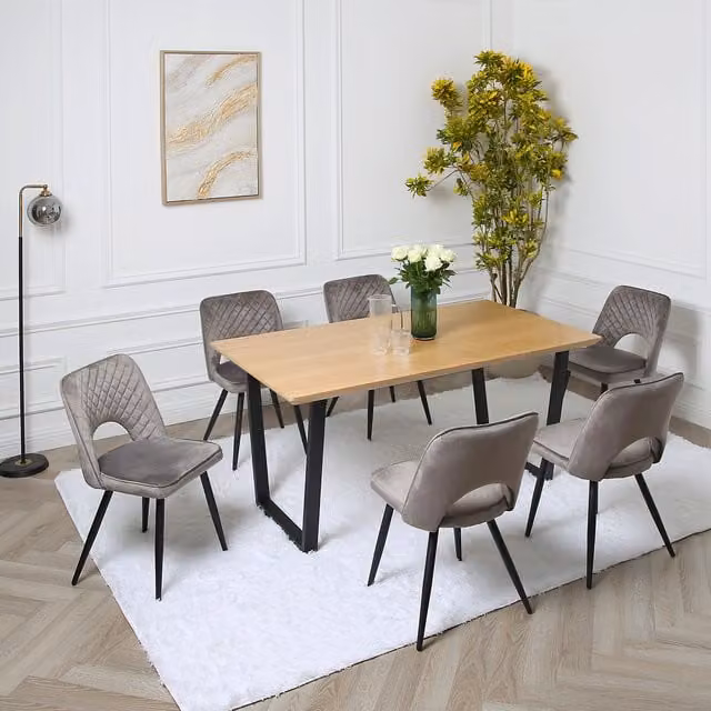 Home Garden Direct Provence Dining Set with Oak Veneer Rectangular Table and 6 Chairs in Grey and Black
