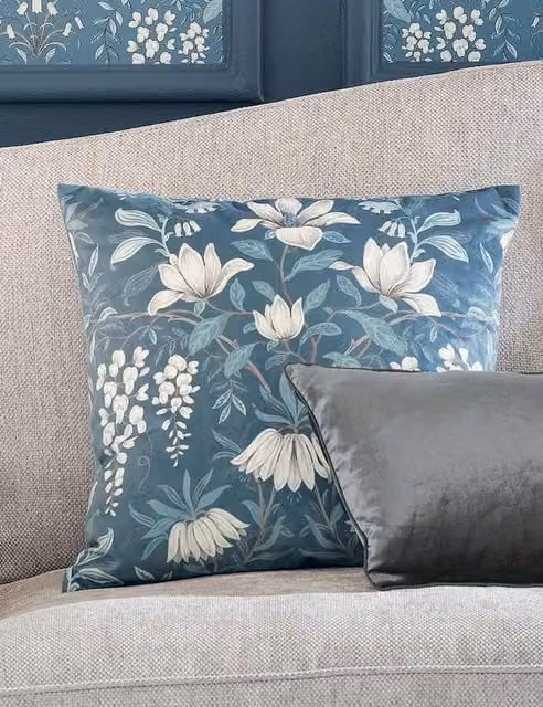Laura Ashley Blue Mix Velvet Parterre Floral Square Cushion