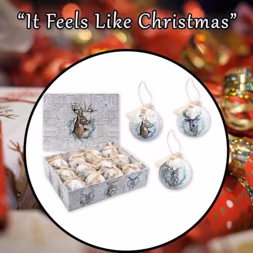VFM e-Store Antique Stag Christmas Bauble Decoration Set, White, 12 Piece – 6