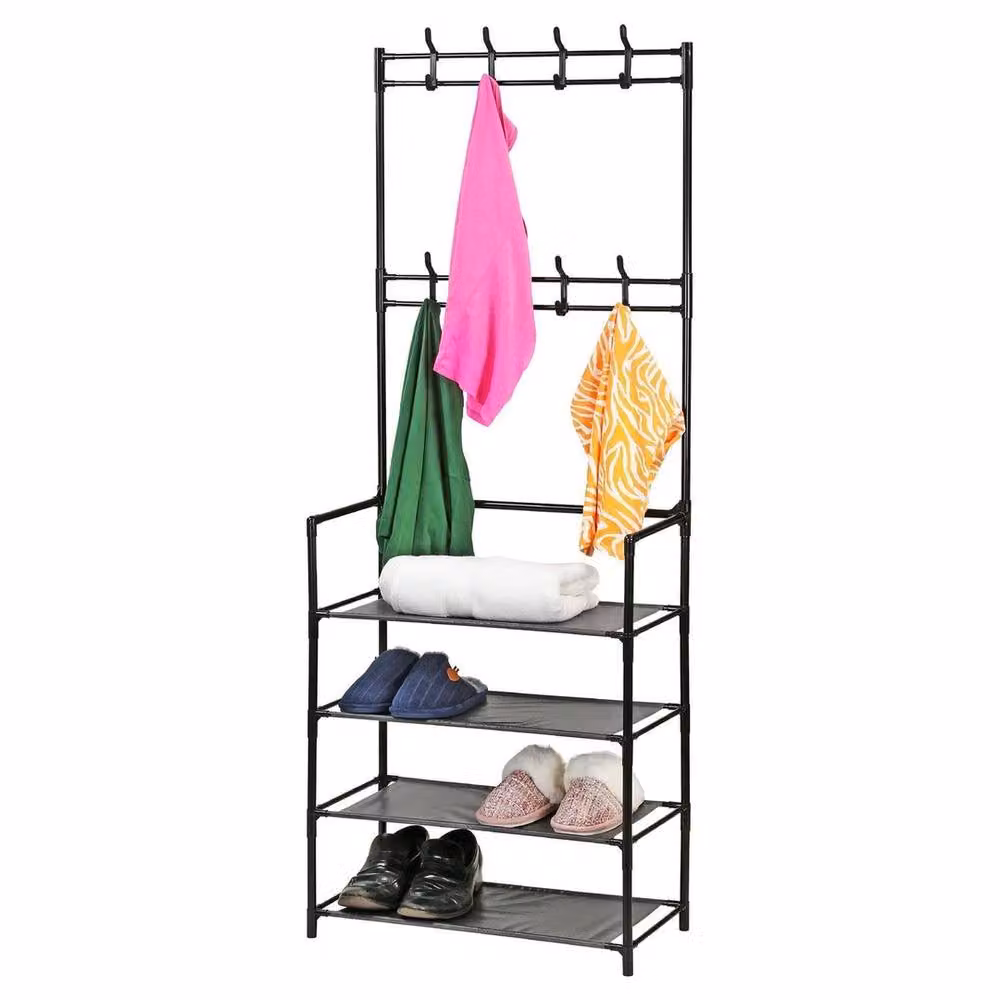 SPETLEK Metal Coat and Hat Stand with 8 Hooks and 4-Tier Shoe Rack in Matt Black – 4