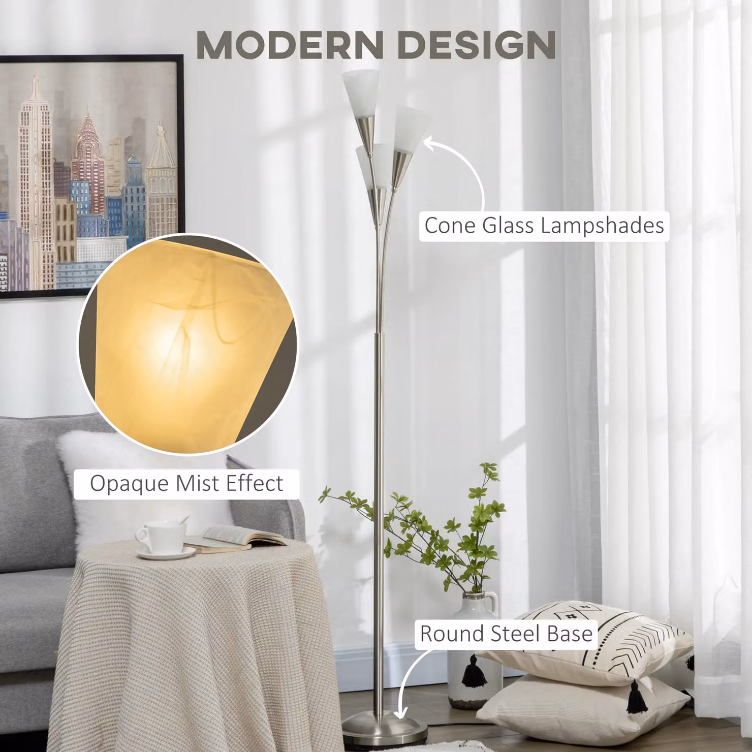 HOMCOM Modern 3-Light Floor Lamp in Silver and White – 4
