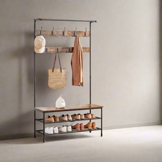 Modcraft Industrial Hall Tree with Bench and Shoe Rack in Brown Oak and White